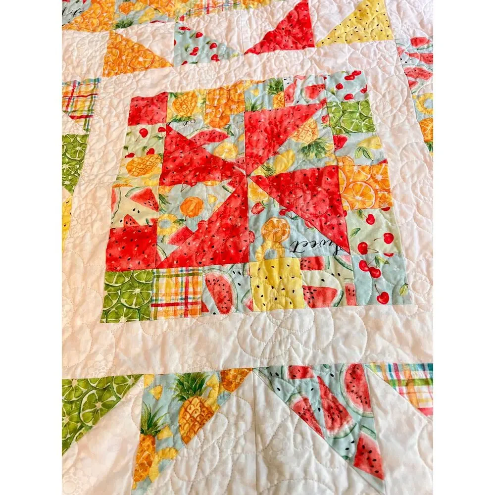 quilt pinwheel block lap couch blanket hand made whimsical fruit print 45